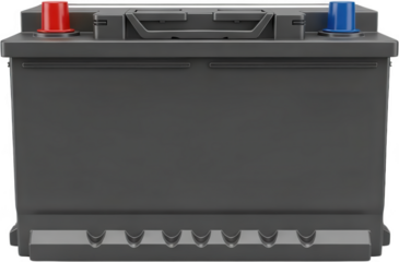 Front view of a standard automotive battery with clearly visible red positive and blue negative terminals on the top surface car battery power source energy storage transparent background
