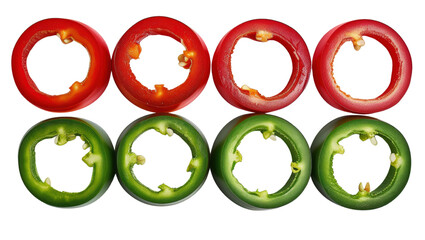 Sliced chili pepper rings display vibrant red and green colors, showcasing their fresh and crisp texture. Perfect for adding spicy kick to various dishes, these peppers enhance both flavor