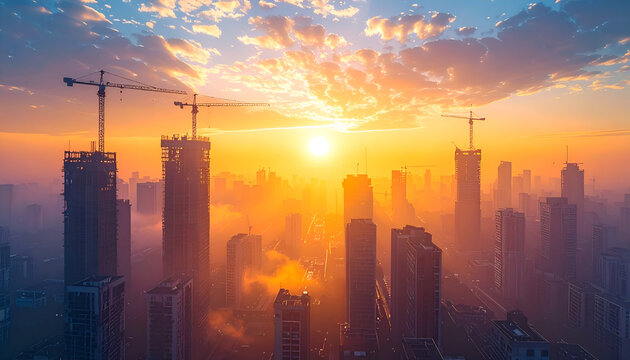 A cityscape at sunrise with construction cranes atop silhouetted skyscrapers under a vibrant orange sky with clouds and bright golden sunlight. - Powered by Adobe