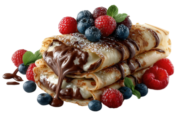 Delicious chocolate filled crepes topped with fresh strawberries, blueberries, and mint leaves create delightful dessert experience. rich flavors and vibrant colors make it visually appealing