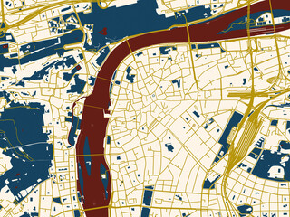 Obraz premium Flat city map of Prague Center, Czechia — cream-toned city field with gold linework streets and deep red waterways for strong contrast