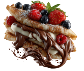 Delicious chocolate filled crepes topped with fresh strawberries, raspberries, and blueberries, drizzled with chocolate sauce, create delightful dessert experience