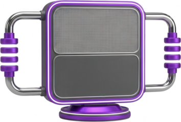 Stylized purple and gray display unit with chrome handles and glowing trim sits on a circular base futuristic speaker audio metallic device modern electronic grille transparent background
