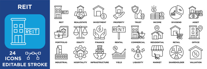 REIT icon set illustrating real estate investment, property assets, rental income, dividends, portfolios, valuation, liquidity, and market sectors. editable lineal vector
