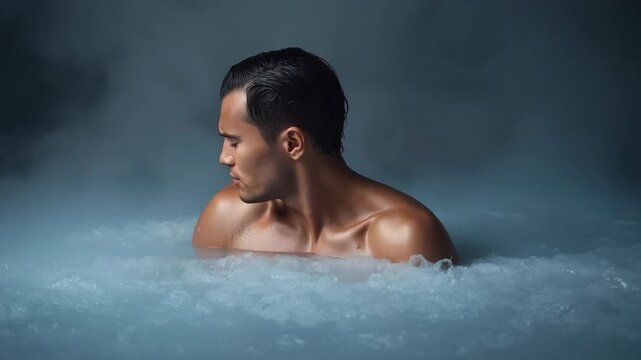 Brooding adult male torso and chest submerged misty cold water, contemplative muscular man shoulders