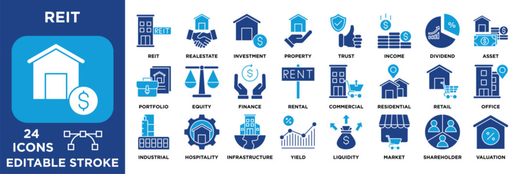 REIT icon collection set. Containing real estate investment, property assets, rental income, dividends, portfolio management, valuation, and commercial markets. solid blue vector