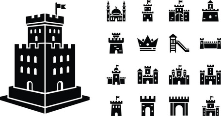 Medieval castle icons set, fortress tower silhouettes, fairytale kingdom architecture, black vector symbols, historical defense buildings collection © Mehenaj