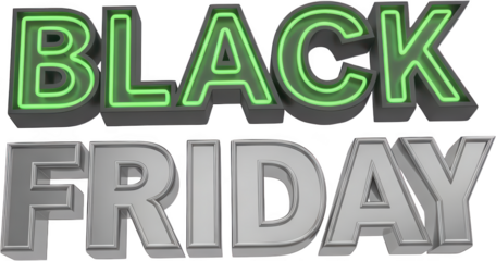 Bold three dimensional text reading Black Friday with bright green neon illumination over silver metallic lettering sale promotion shopping holiday marketing advertisement transparent background