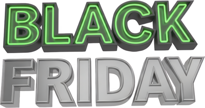 Bold three dimensional text reading Black Friday with bright green neon illumination over silver metallic lettering sale promotion shopping holiday marketing advertisement transparent background - Powered by Adobe