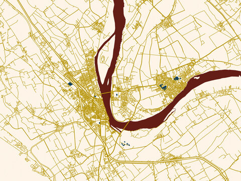 Flat city map of Sohag, Egypt &mdash; rich red water shapes with ivory land and golden street network accents
