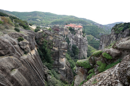 Aerial view of Meteora  monasteries on  top of the sandstone pillars, Meteora, Greece
