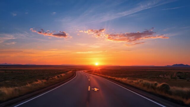 Sunset road curving through open plain toward glowing horizon with dramatic sky colors