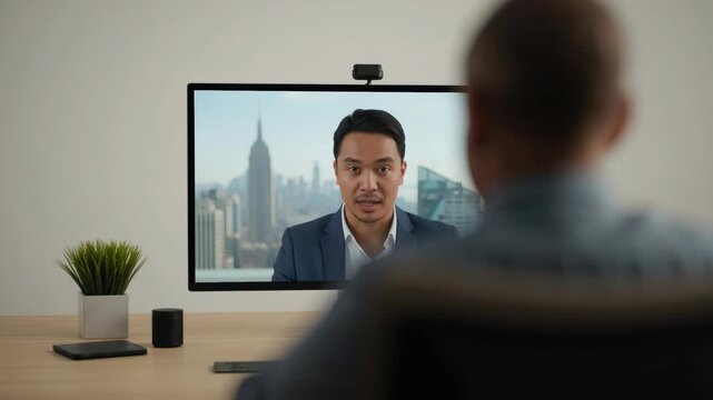 Businessman video conference with city skyline background office computer monitor webcam remote