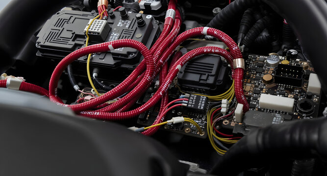 Close-Up of Automotive Electronics and Wiring Harness Inside Modern Car