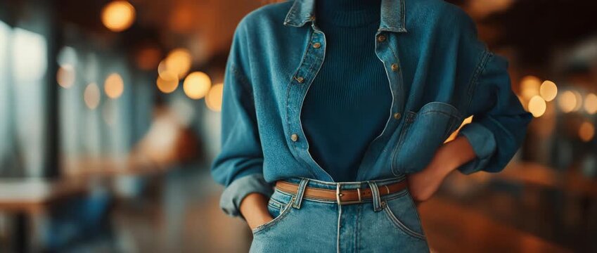 a person with their hands in their high-waisted pants pockets and dressed in double denim. stylish casual look.