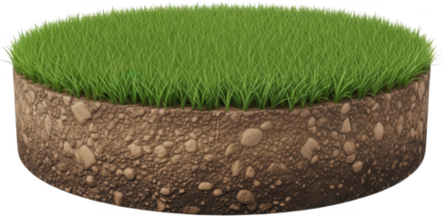 A vibrant cross section of earth displaying rich brown soil small pebbles and dense green grass blades growing upwards turf lawn ground dirt nature layer natural transparent background