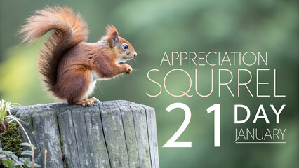 A lively red squirrel is captured mid-action on a mossy tree stump, with 'Appreciation Squirrel Day 21 January' text highlighting the occasion.