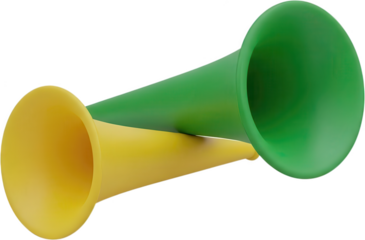 Two plastic stadium horns one colored bright green and the other vivid yellow crossed over one another in a close up view vuvuzela noise sound party celebration transparent background