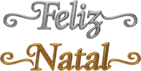 Elegant 3D lettering reads Feliz Natal in shiny chrome silver and rich polished gold with decorative flourishes for celebration Christmas greeting holiday lettering transparent background