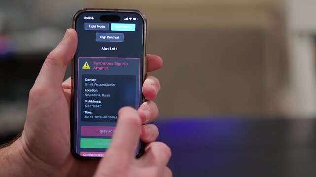 Middle Aged Man Gets Several Suspicious Sign In Alerts Related to Foreign IP Addresses Accessing Internet of Things Devices in His Home - Concept