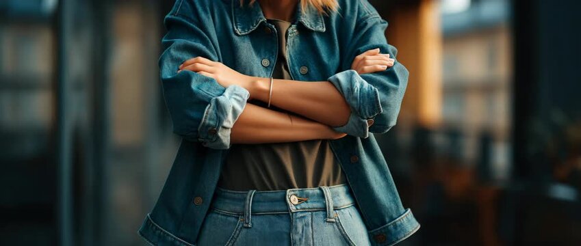 a person with their hands in their high-waisted pants pockets and dressed in double denim. stylish casual look.