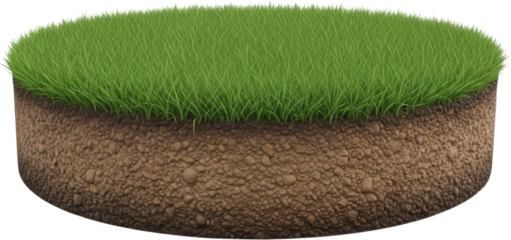 Detailed cross section slice of rich brown soil layer topped with vibrant green healthy grass blades forming a perfect circle earth turf ground dirt nature meadow transparent background