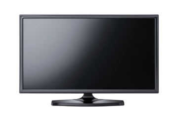 Black flat screen computer monitor with stand on black background display technology