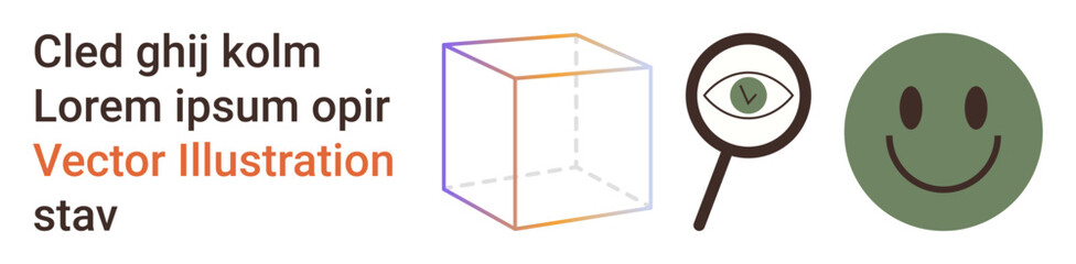 Fototapeta premium Data analysis, visualization, geometry, abstract concepts, emotive design, inspection. Contains 3D cube, magnifying glass with an eye and a happy face. Visualization and geometry concepts