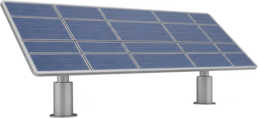 A large rectangular solar panel array mounted on two sturdy silver posts capturing renewable energy under bright conditions photovoltaic electricity generation sustainable power transparent background
