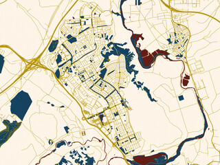 Naklejka premium Flat city map of Rivas Vaciamadrid, Spain — rich red water shapes with ivory land and golden street network accents
