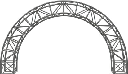 Symmetrical silver metal truss segment shaped as an architectural arch forming a structural curved gateway element structure stage scaffolding event aluminum construction transparent background