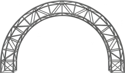Symmetrical silver metal truss segment shaped as an architectural arch forming a structural curved gateway element structure stage scaffolding event aluminum construction transparent background