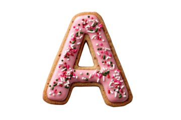 Letter A cookie with pink frosting and colorful sprinkles on black background alphabet food 1