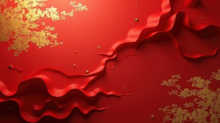 Elegant Chinese New Year background with luxurious red silk waves and golden floral ornaments for festive celebration, happy valentine's day background, chinese new year, 