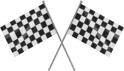 Two small checkered racing finish line flags waving on silver poles crossed diagonally creating a dynamic sports symbol checkered flag motorsport competition victory transparent background