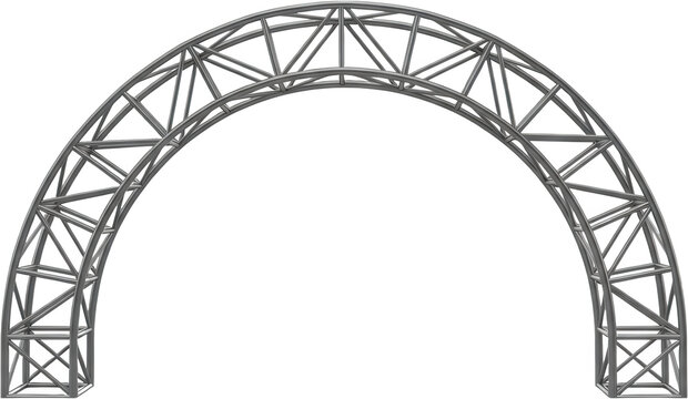 Symmetrical silver metal truss segment shaped as an architectural arch forming a structural curved gateway element structure stage scaffolding event aluminum construction transparent background