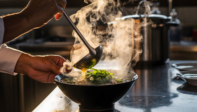 Chef pouring hot broth into steaming noodle soup bowl, dramatically backlit, perfect for restaurant advertising, food blogs, cookbook covers, and culinary website headers