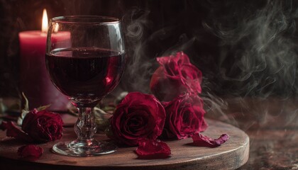 Deep red wine glass rests beside wilting roses near a burning candle creating a smoky atmosphere