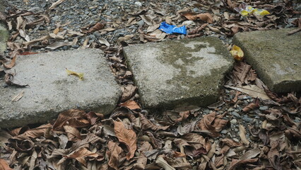 Grey concrete stepping stones path surrounded by dry brown autumn leaves