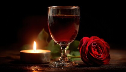 Deep red beverage in a stemmed glass rests beside a lit tea light and a single crimson bloom on a dark surface