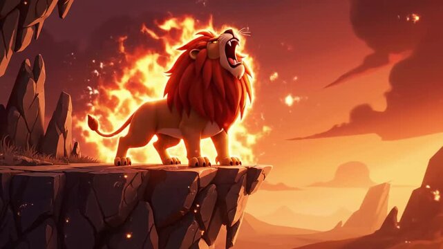 A fierce cartoon lion is roaring with a flaming mane on a cliff in a fiery orange digital illustration of an epic landscape.
