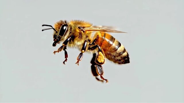 Close-up of a honey bee with pollen on its leg, captured in flight against a bright white background