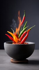 Spicy hot pot explosion concept, dramatic burst with flying ingredients, hot chili peppers, fiery splashes, smoke and glowing sparks, isolated on dark gradient background, cinematic high-speed food