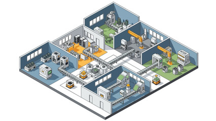 Isometric illustration of a modern automated factory with production lines, robotic arms, and conveyor belts.