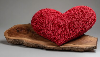Handmade textured crimson heart resting upon a rustic wooden slab against a neutral background