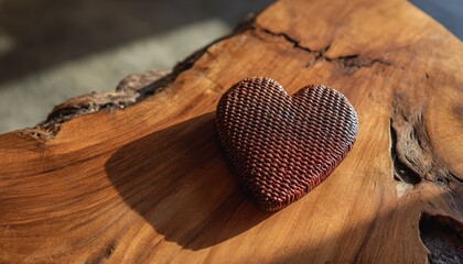 Woven heart shape rests upon richly textured, natural wood surface in direct sunlight