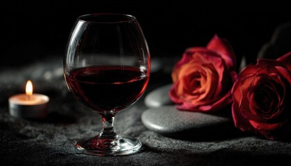 Rich dark liquid in a snifter glass sits beside red roses and a glowing tea light candle on a textured surface