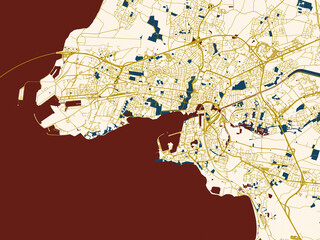 Obraz premium Urban map of La Rochelle, France in a flat palette: warm gold street grid over a cream background with bold deep-red water areas