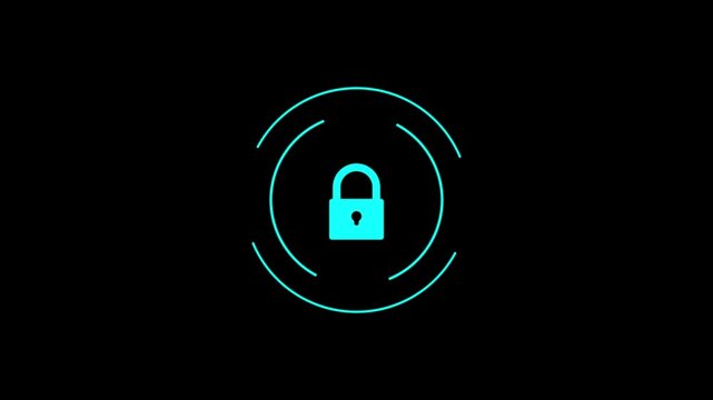 A bright cyan open padlock is displayed centrally within concentric cyan circular lines against a deep black background symbolizing digital security and data access