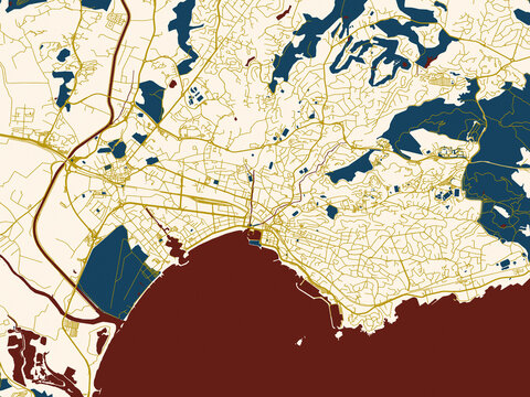Modern graphic street map of Frejus, France, with warm gold street grid over a cream background with bold deep-red water areas